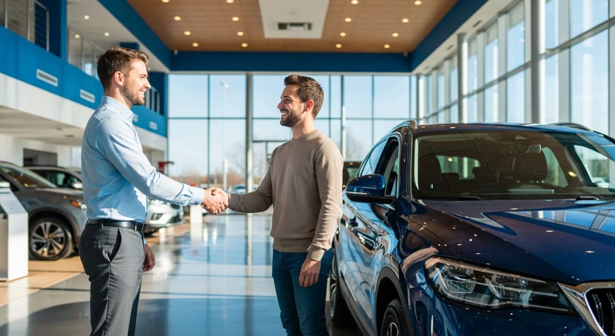 Salesperson and customer shaking hands in a modern dealership showroom