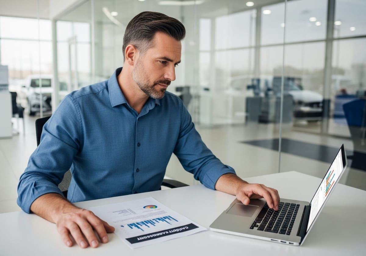 A dealership manager reviewing a candidate assessment report at their desk