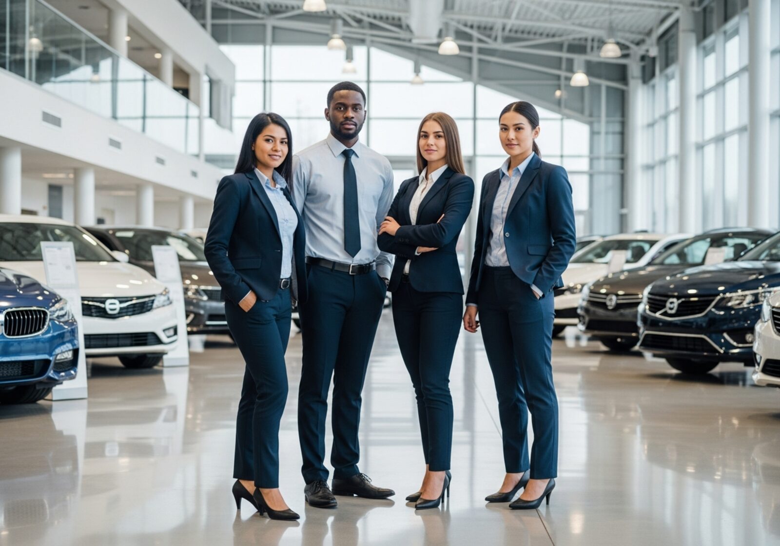 A diverse automotive sales team standing together on a dealership showroom floor