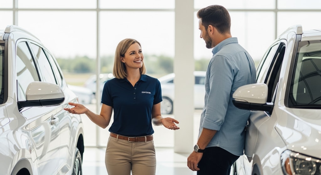 Salesperson and customer in active conversation next to a vehicle on the showroom floor