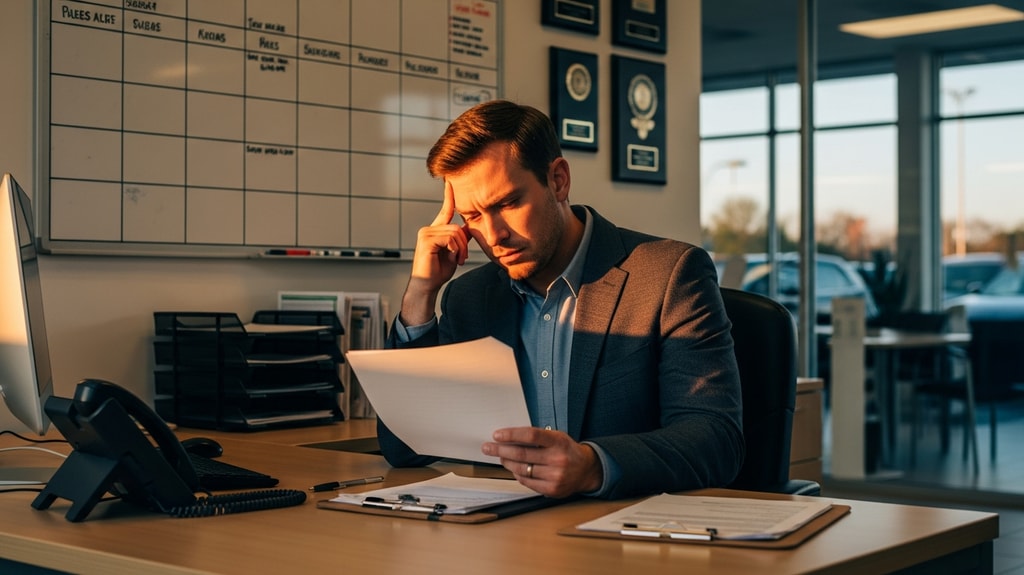 Dealership manager alone at his desk reviewing turnover paperwork in late-afternoon light