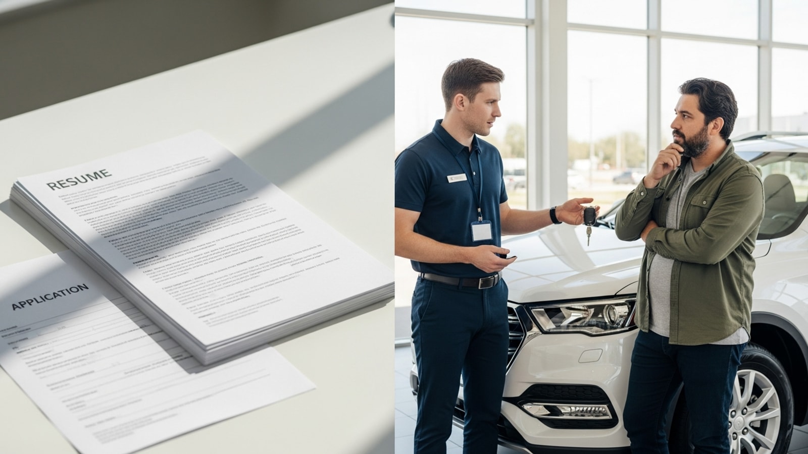 Split composition: a stack of paper resumes and applications on a desk on the left, a salesperson engaging a customer at a vehicle on the right